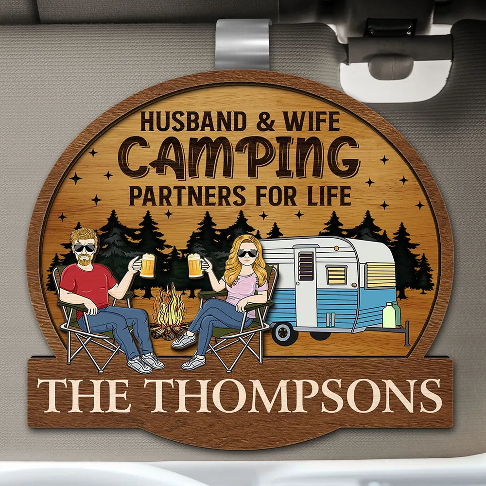 Camping,Campsite,Gift For Couples,Gift For Husband,Gift For Wife,Happy - Camping Couple Husband & Wife Camping Partners For Life - Personalized Custom Shaped Car Visor Clip