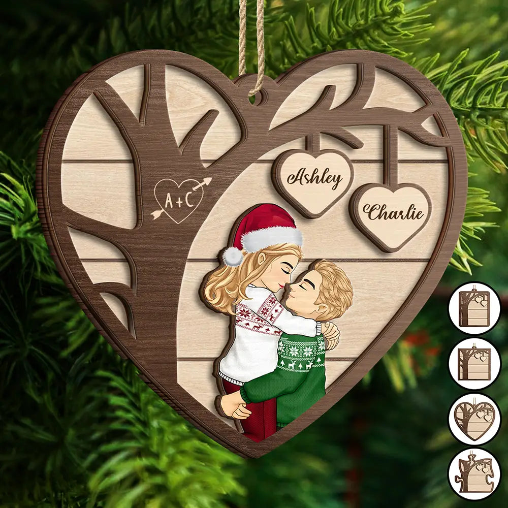 Gift For Couples - Christmas Couples Kissing Under The Tree - Personalized 2-Layered Wooden Ornament