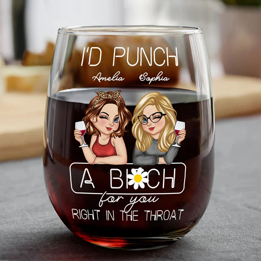 Gift For Bestie - Besties Right In The Throat - Personalized Stemless Wine Glass