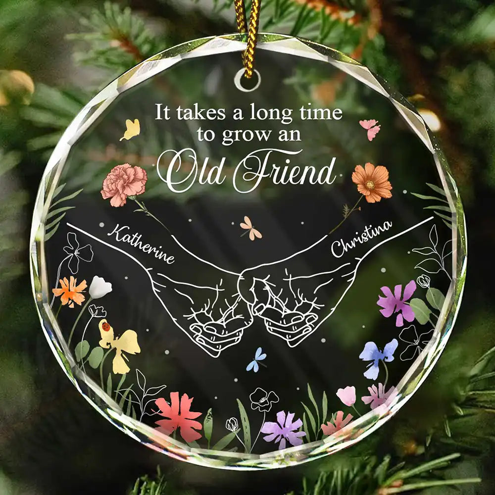 Gift For Bestie - Birth Flower Hands Grow An Old Friend - Personalized Circle Glass Ornament