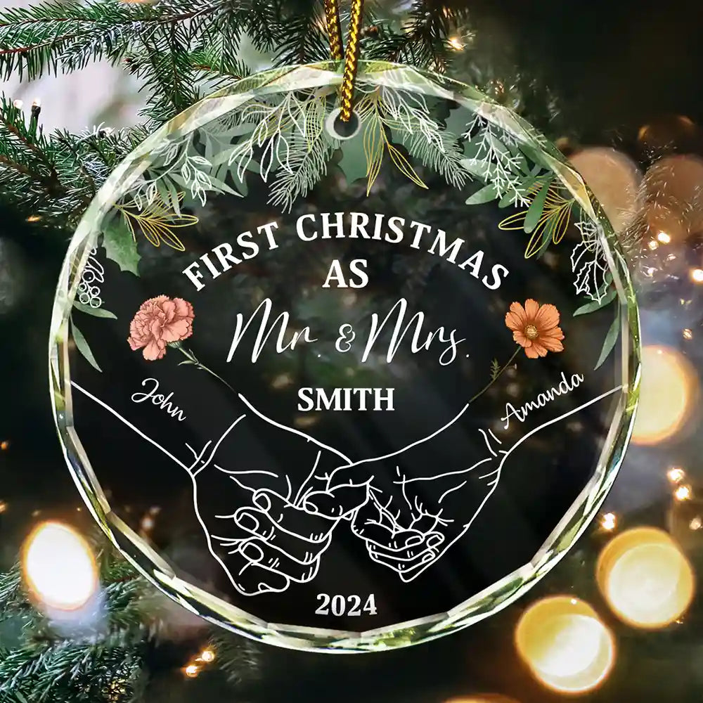 Gift For Couples, Gift For Husband, Gift For Wife, Gift For Boyfriend, Gift For Girlfriend - Birth Flower First Christmas Hands Holding - Personalized Circle Glass Ornament
