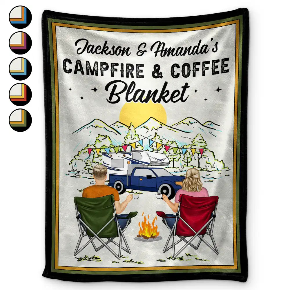 Gift For Couples, Gift For Husband, Gift For Wife, Gift For Boyfriend, Gift For Girlfriend - Campfire & Coffee Blanket Camping - Personalized Fleece Blanket, Sherpa Blanket