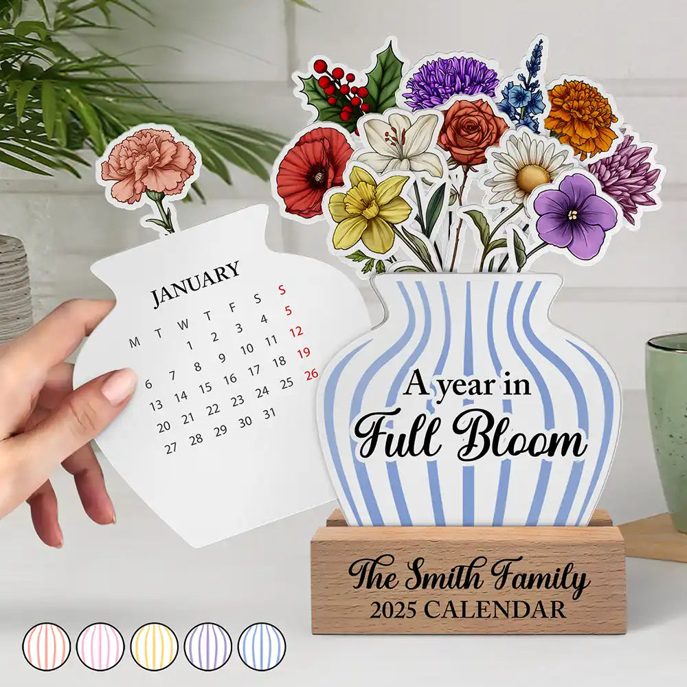 Gift For Couples, Gift For Wife, Gift For Girlfriend, Gift For Grandma, Gift For Women, Gift For Yourself, Gift For Mother, Parents, Gift For Grandparents, Gift For Daughter, Gift For Sisters, Family, Gift For Bestie - 2025 Calendar With Birth Month Flowers - Personalized Custom Shaped Cardstock With Wooden Stand