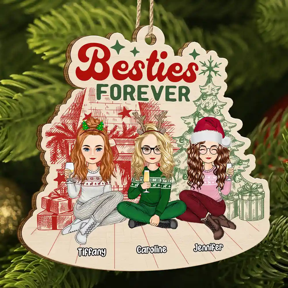 Bestie, Gift For Bestie - Besties Forever Sitting Together - Personalized Custom Shaped Wooden Ornament
