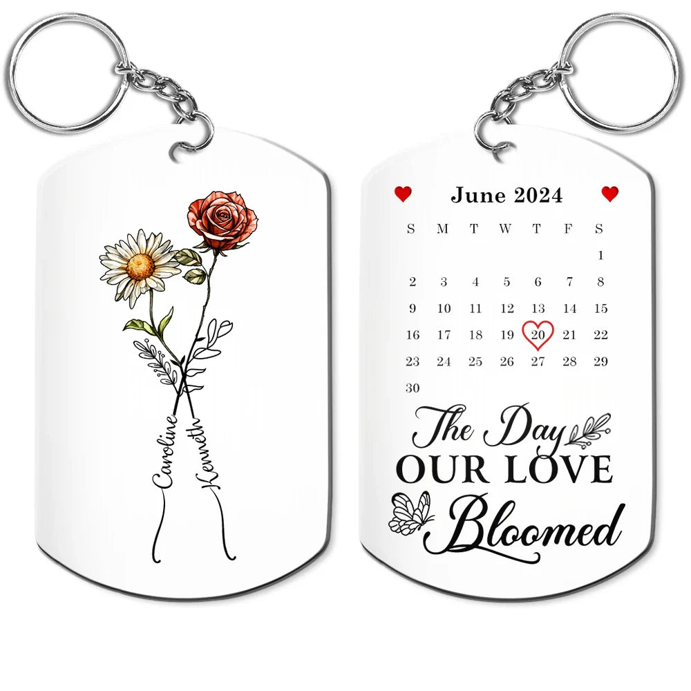 Gift For Couples, Gift For Husband, Gift For Wife, Gift For Boyfriend, Gift For Girlfriend - Birth Flowers With Calendar Our Love Bloomed - Personalized Aluminum Keychain