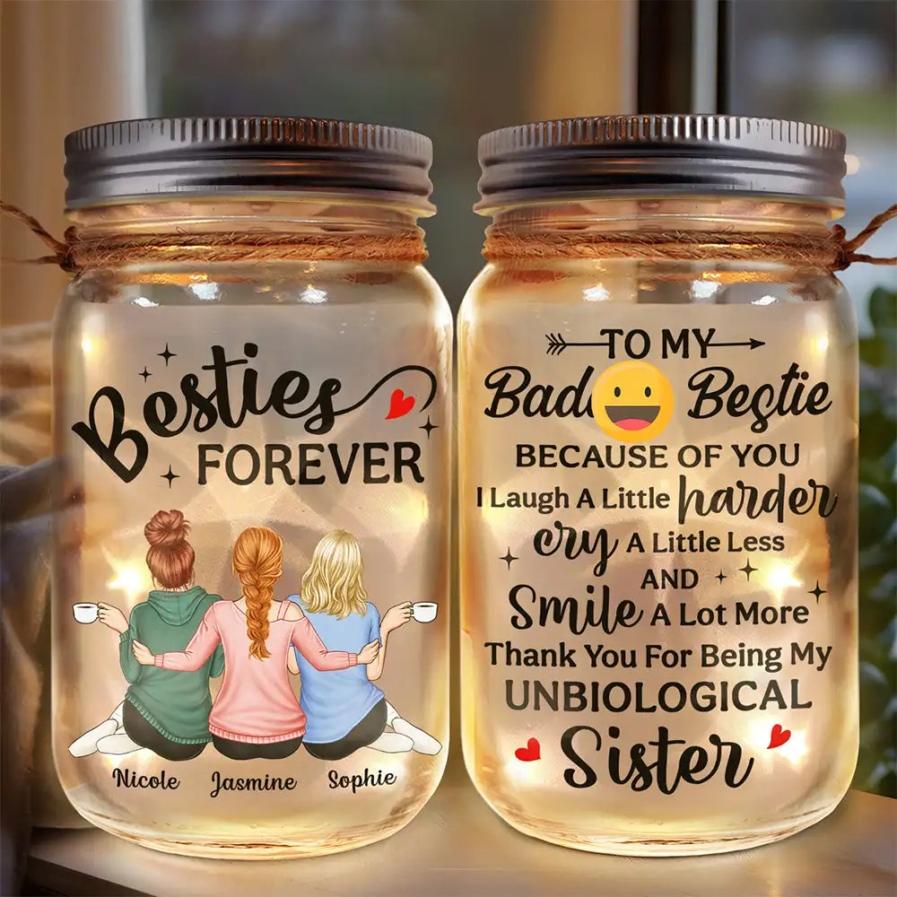 Besties Because Of You I Laugh A Little Harder - Personalized Mason Jar Light