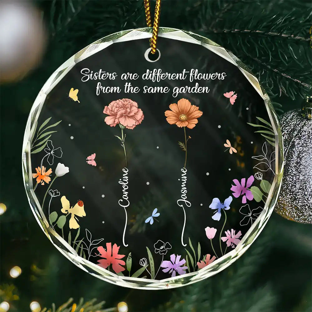 Birth Flower Sisters From The Same Garden - Personalized Circle Glass Ornament