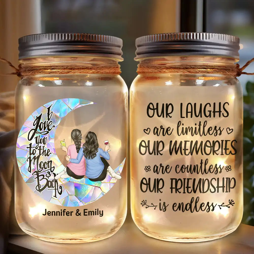 Gift For Bestie, Gift For Sisters, Gift For Women - Besties I Love You To The Moon & Back - Personalized Mason Jar Light