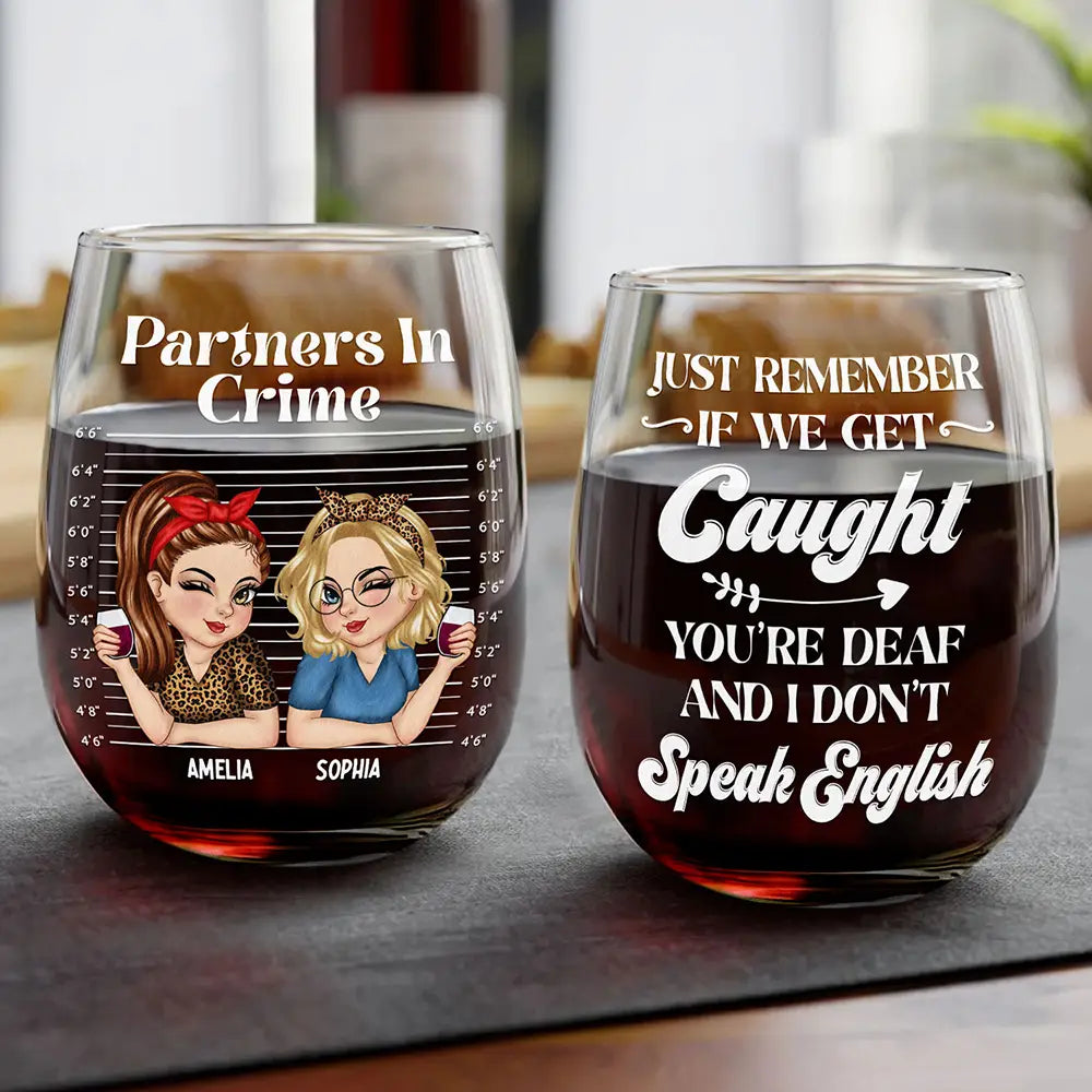 Gift For Bestie,Happy - Bestie Partners In Crime - Personalized Stemless Wine Glass