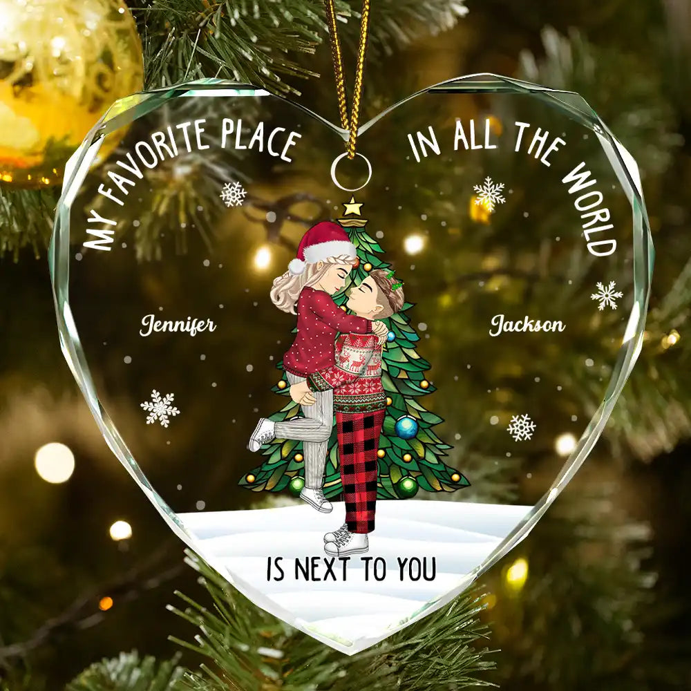 Gift For Couples - Christmas Couple My Favorite Place In All The World - Personalized Heart Shaped Glass Ornament