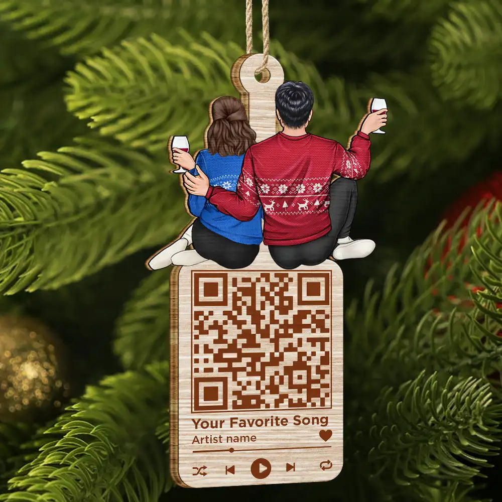 Gift For Couples - Christmas Couple QR Code Favorite Song - Personalized Wooden Cutout Ornament