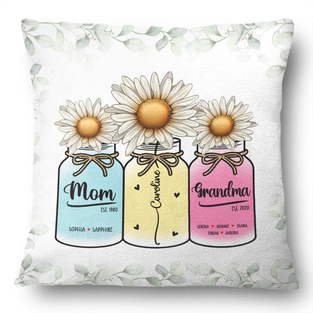 Gift For Grandma, Gift For Yourself, Gift For Women, Gift For Mother - Birth Flower Mason Jar Mom Grandma - Personalized Pillow