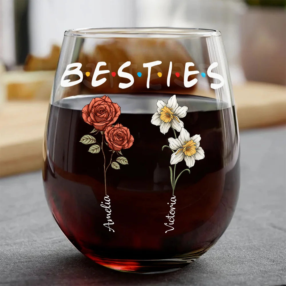 Gift For Bestie,Gifts For Colleagues,Gift For Sisters,Happy - Besties Sisters Friends Birth Flowers - Personalized Stemless Wine Glass