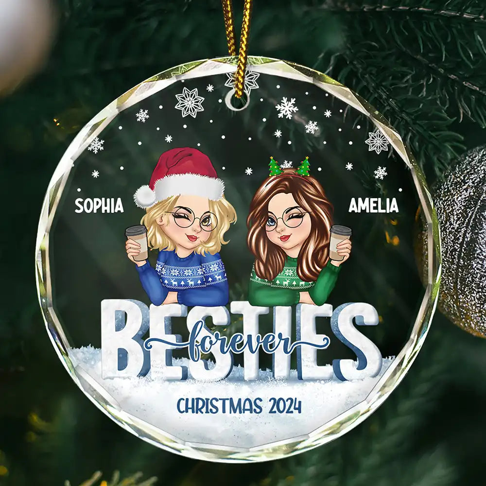 Gift For Bestie, Gifts For Colleagues - Besties Forever Christmas Sisters - Personalized Circle Glass Ornament