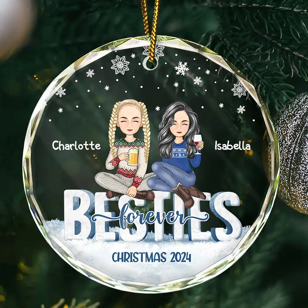 Gift For Bestie - Besties Forever Christmas Sisters Cartoon - Personalized Circle Glass Ornament