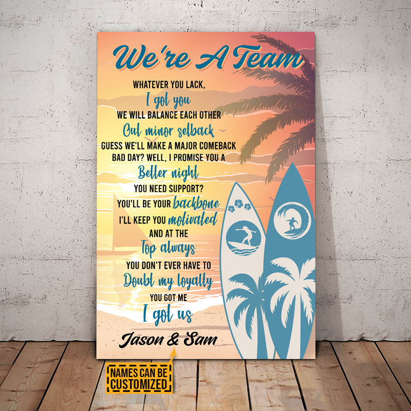 Personalized Surfing Gift For Couple We're A Team Custom Canvas