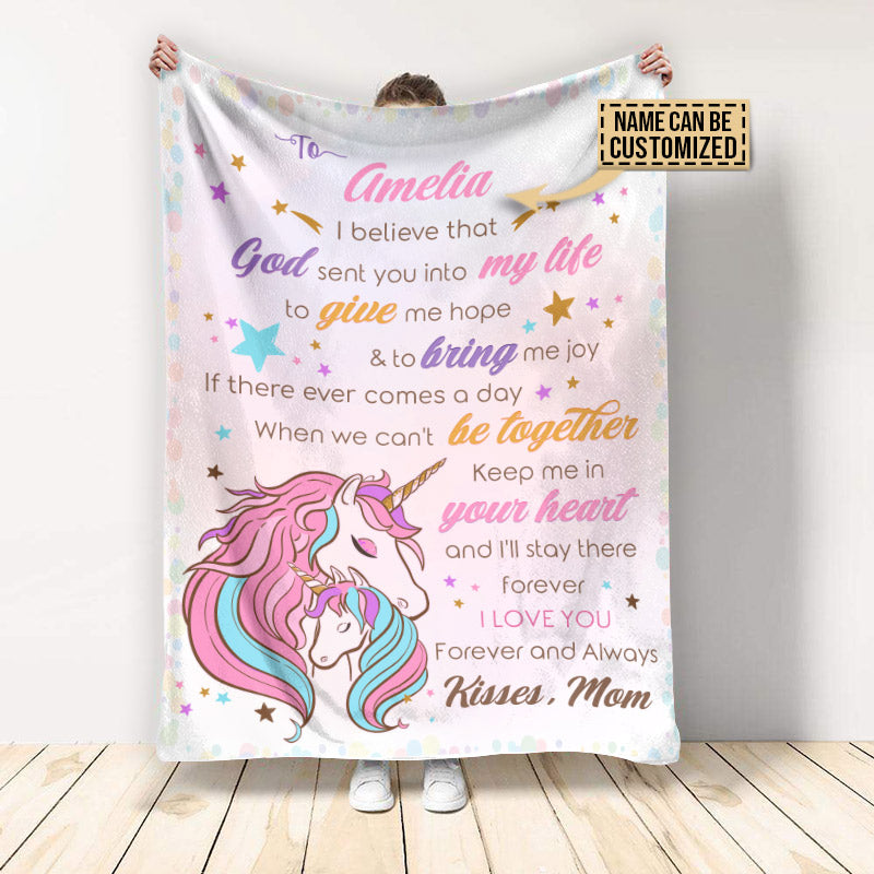 Personalized Unicorn Mom To Daughter Keep Me In Your Heart Custom Fleece Blanket